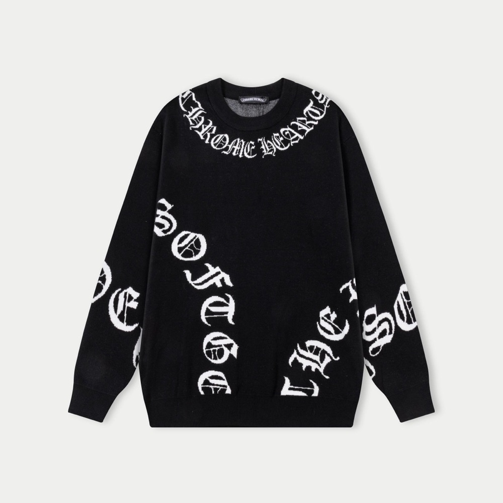 Chrome Hearts Black Crewneck Sweater with White Graphics